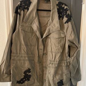 Lane Bryant Utility Jacket in Olive with Black Floral Details